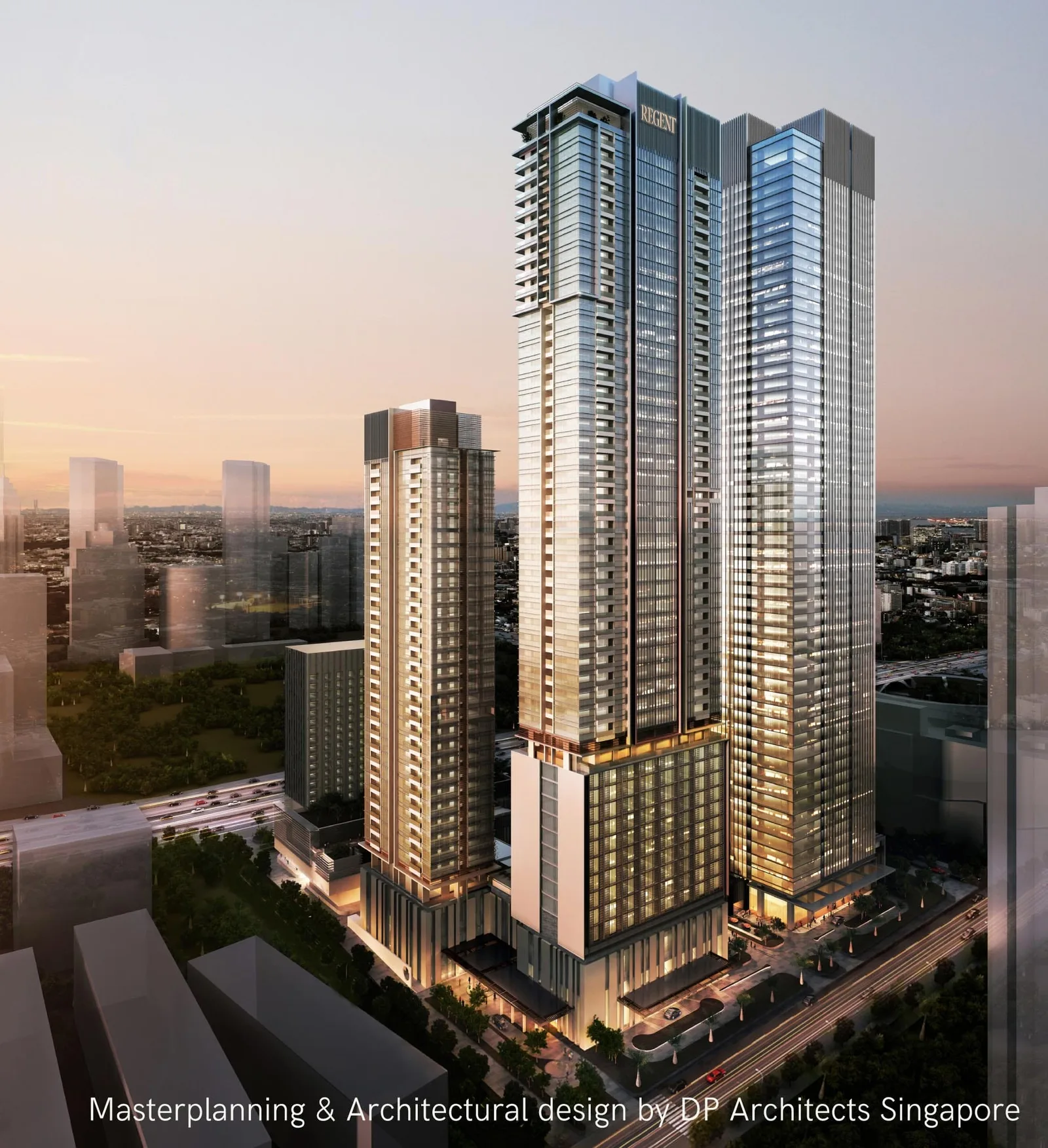 Regent Residences Jakarta concept — luxury branded residence interior with Jakarta skyline view
