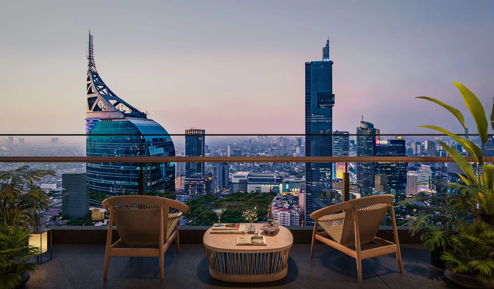Two Sudirman sky terrace sunset view Jakarta CBD skyline
