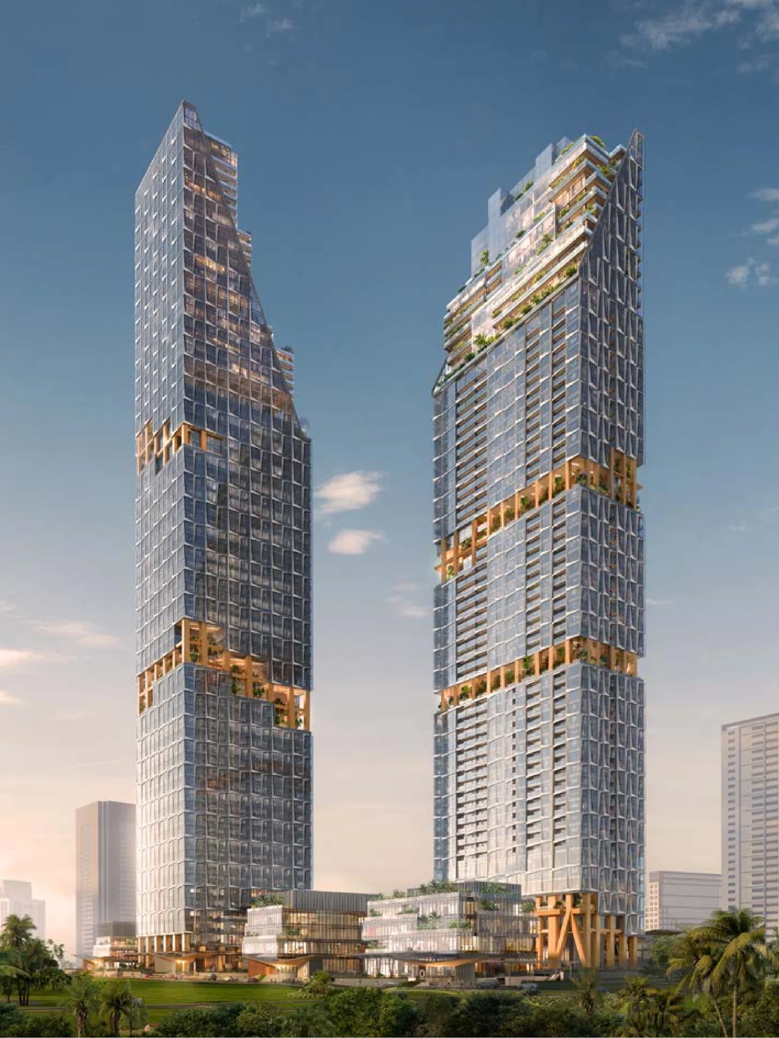 Two Sudirman twin towers aerial render Jl Sudirman Jakarta